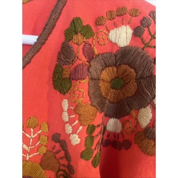 Coral Mexican Handmade Embroidered Blouse Sz M Long Sleeve Open Neck With Ties - Picture 4 of 9